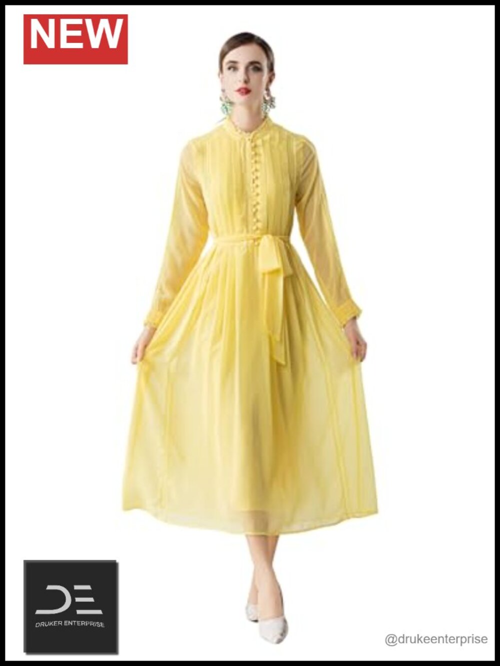 Women's Pleated A-Line Midi Dress with Belt Long Sleeve Chiffon Business Casual